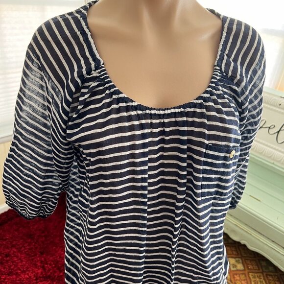 J. Crew Navy White Striped Gauze Boho Peasant top sz XS - Picture 2 of 5